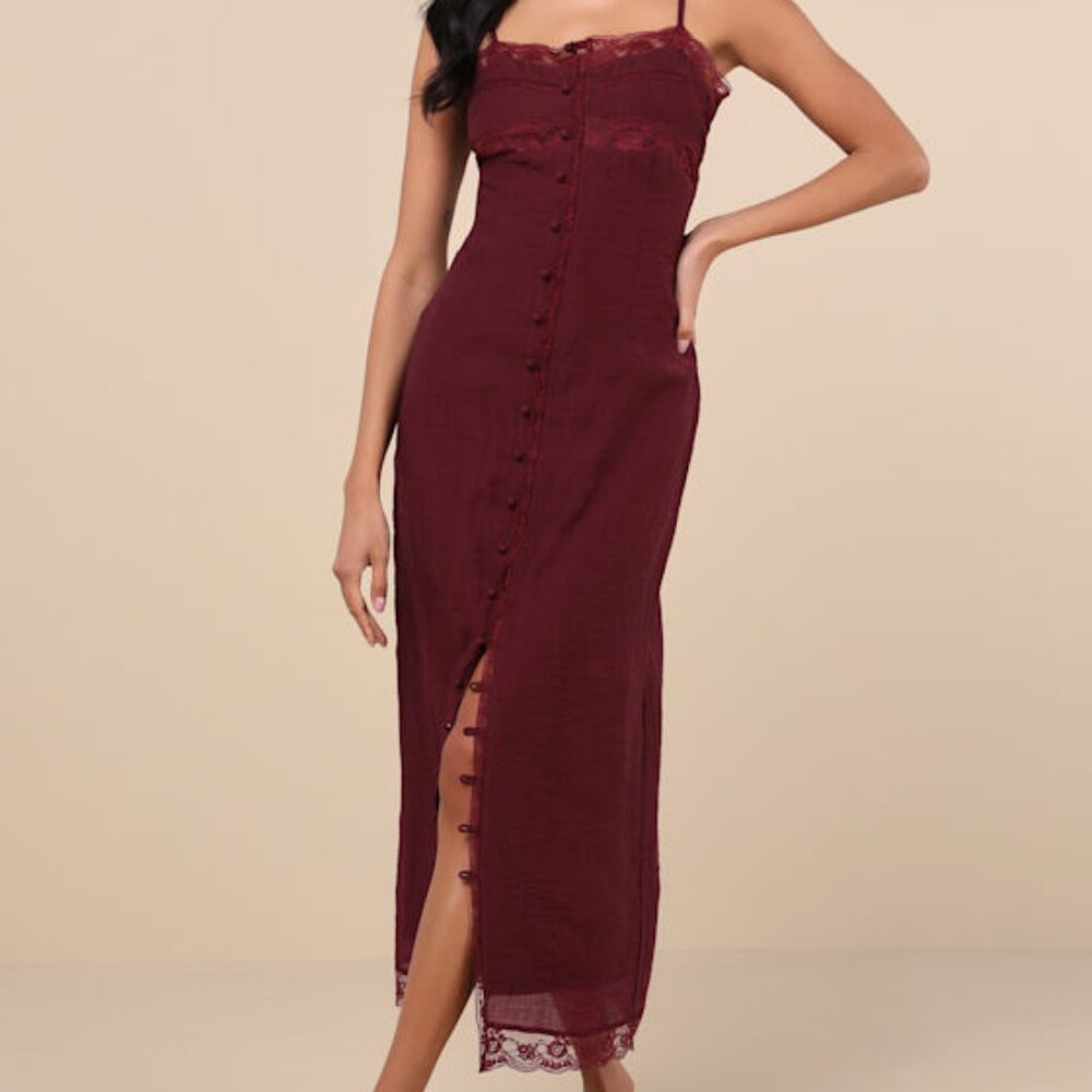 Lulus Veanna Burgundy Textured Lace Button-front Midi Dress - Size L